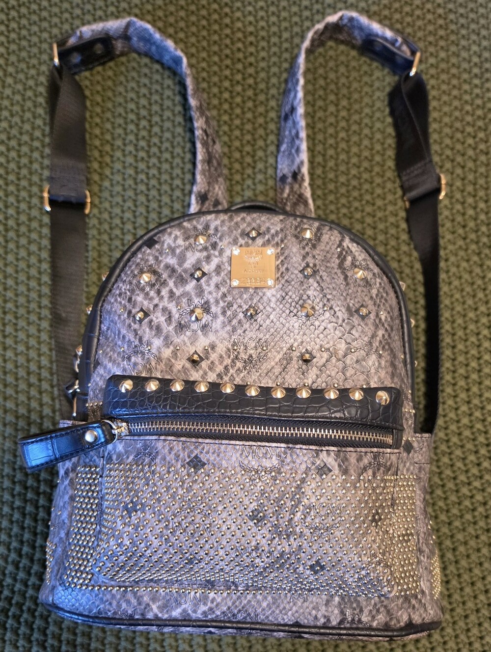 MCM Grey Snake-Print Studded Mini Backpack